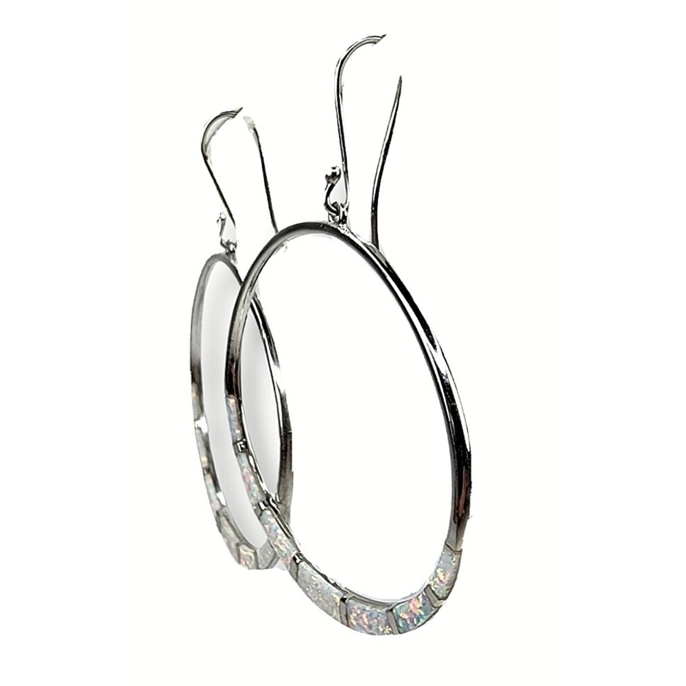 Sterling Silver 925 Southwestern Faux Opal Channel Inlay Large Hoop Earrings - Picture 4 of 9